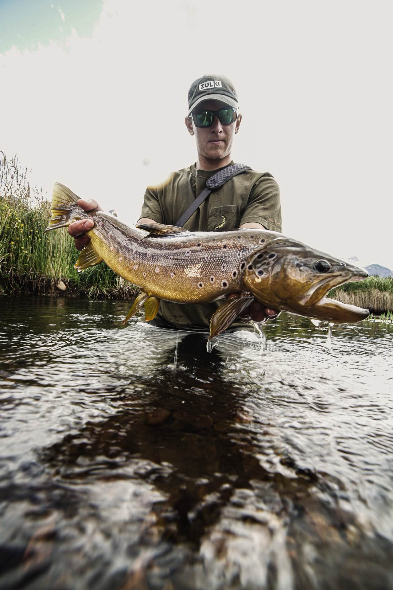 An angler holding a wild trout at Arroyo Pescado