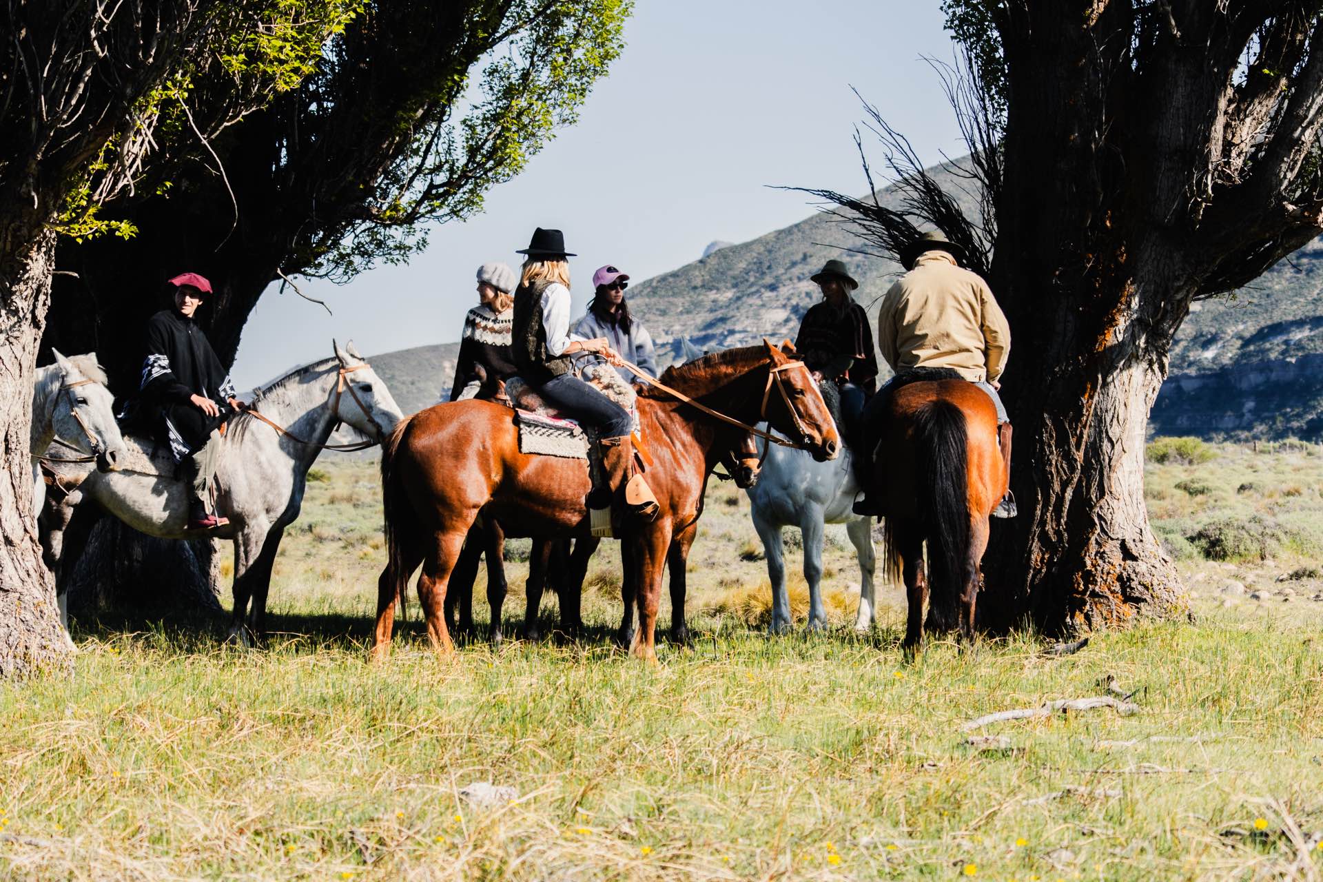 A riding group resting in the shade before heading out