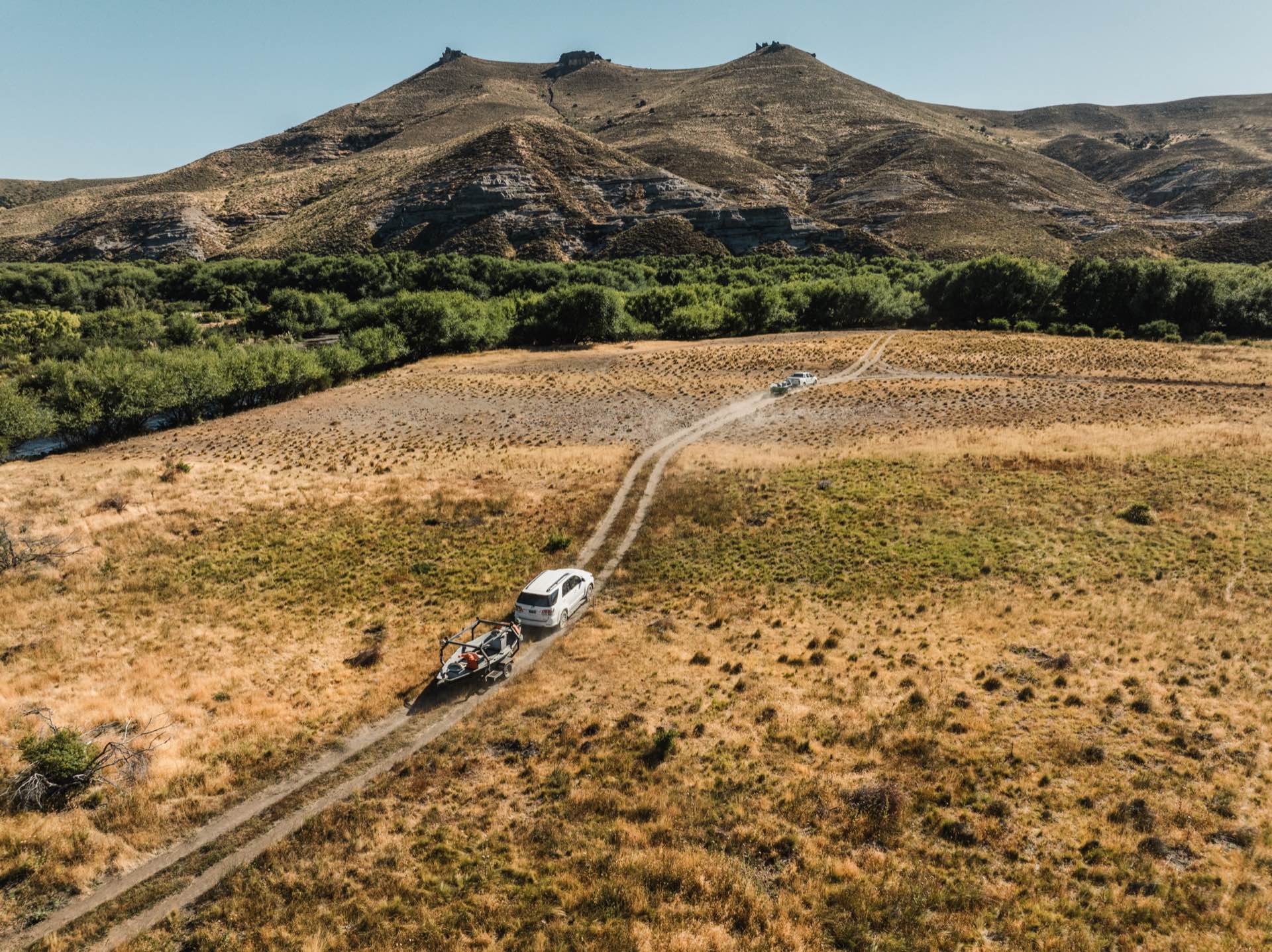 Driving to the river across open country